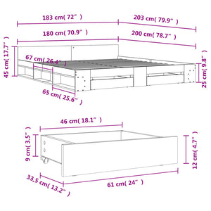 Πλαίσιο Κρεβατιού με συρτάρια Καφέ δρυς 180x200 εκ. Επεξ. Ξύλο