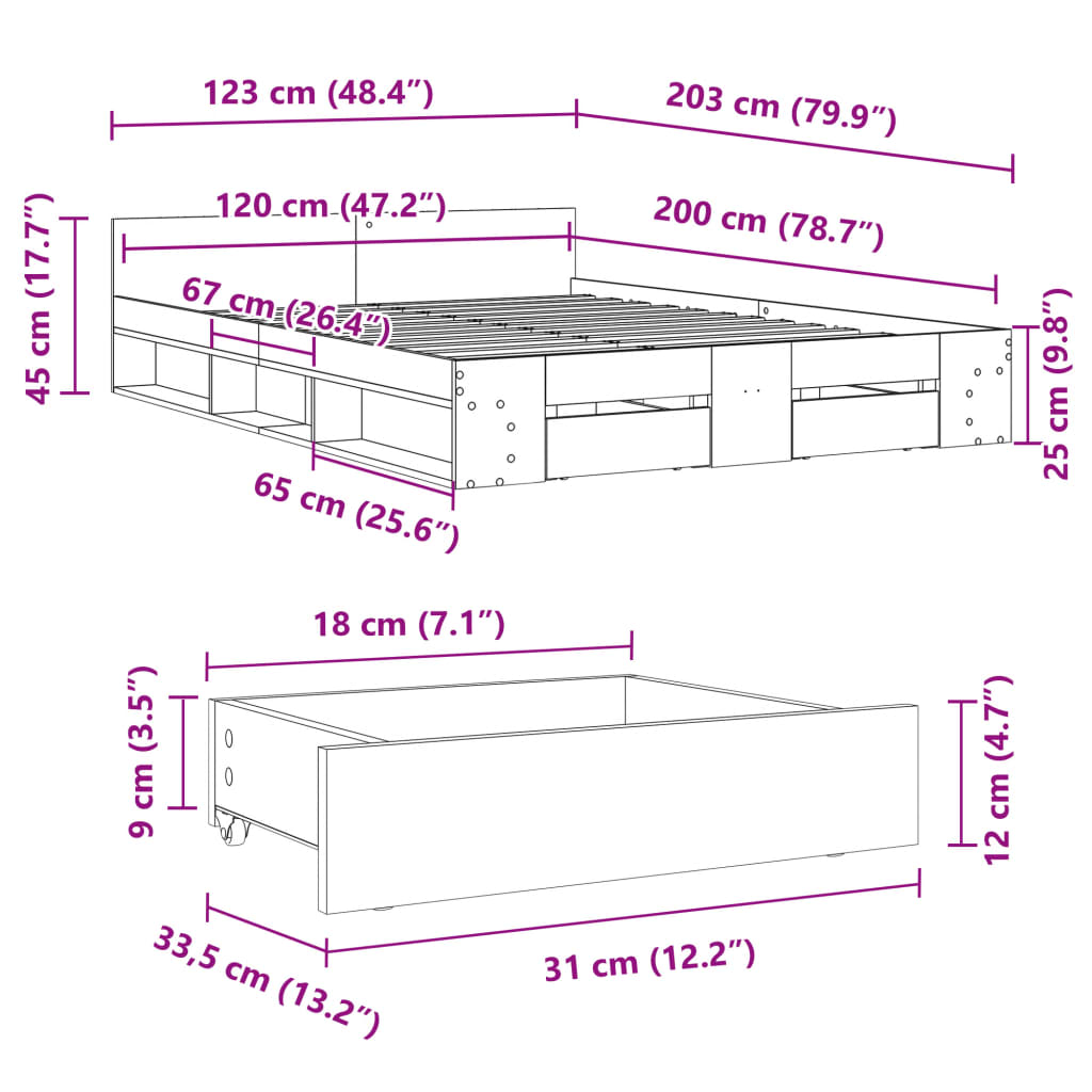 Πλαίσιο Κρεβατιού με συρτάρια Γκρι sonoma 120x200εκ. Επεξ. Ξύλο