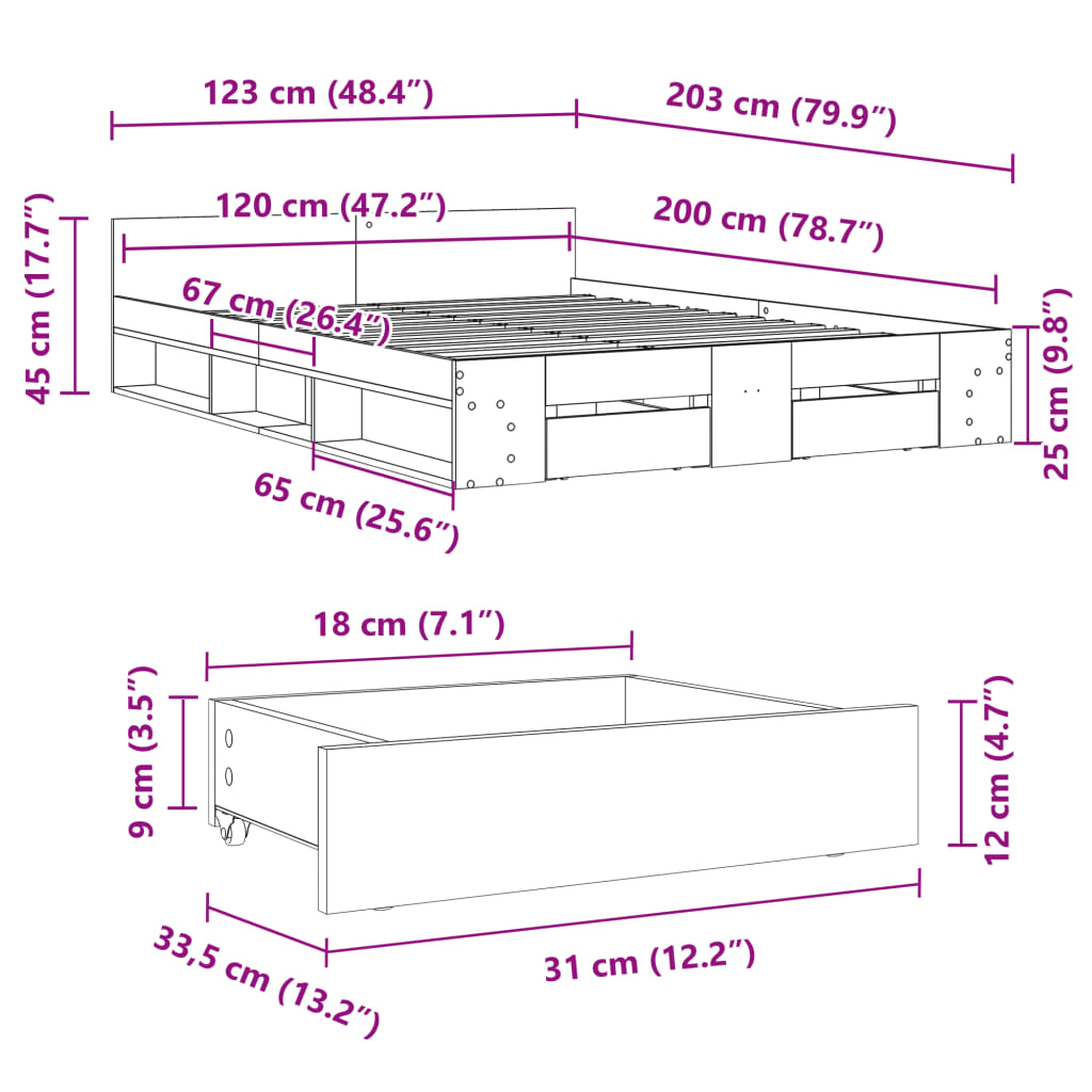 Πλαίσιο Κρεβατιού με συρτάρια Καφέ δρυς 120x200 εκ. Επεξ. Ξύλο