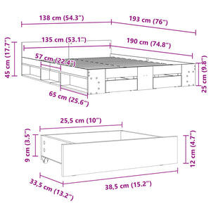 Πλαίσιο Κρεβατιού με συρτάρια Γκρι sonoma 135x190εκ. Επεξ. Ξύλο