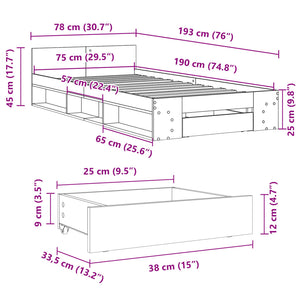 Πλαίσιο Κρεβατιού με Συρτάρια Γκρι Sonoma 75x190 εκ. Επεξ. Ξύλο - Pakobazaar