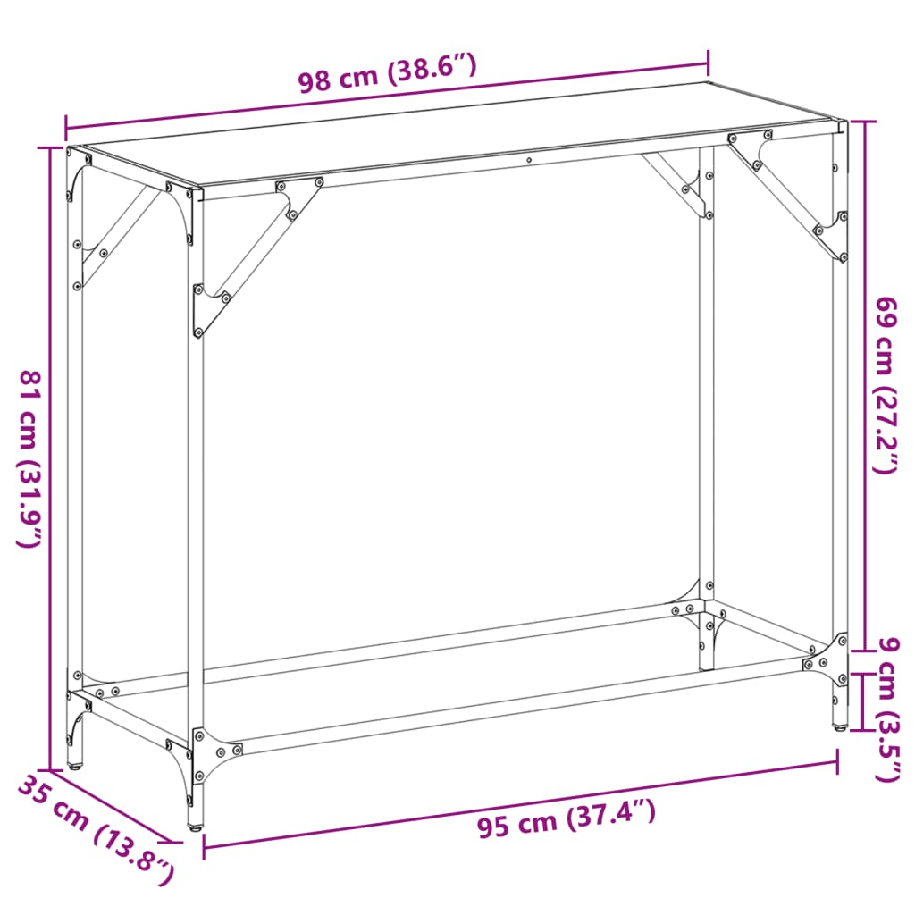 Τραπέζι Κονσόλα Επιφάνεια Μαύρο Γυαλί 98x35x81 εκ. Ατσάλι