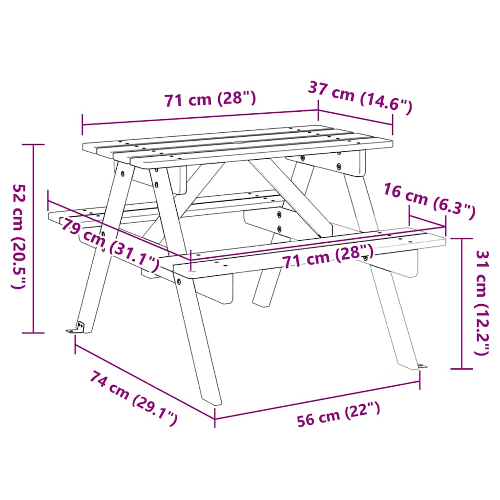 Τραπέζι Πικνίκ για 4 Παιδιά με Οπή Ομπρέλας Μασίφ Ξύλο Ελάτης - Pakobazaar