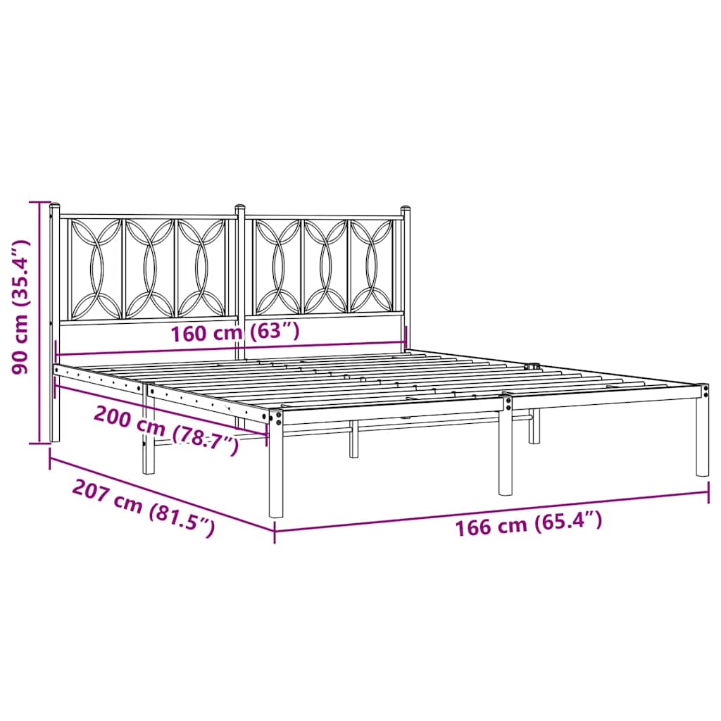 Πλαίσιο Κρεβατιού με Κεφαλάρι Μαύρο 160 x 200 εκ. Μεταλλικό