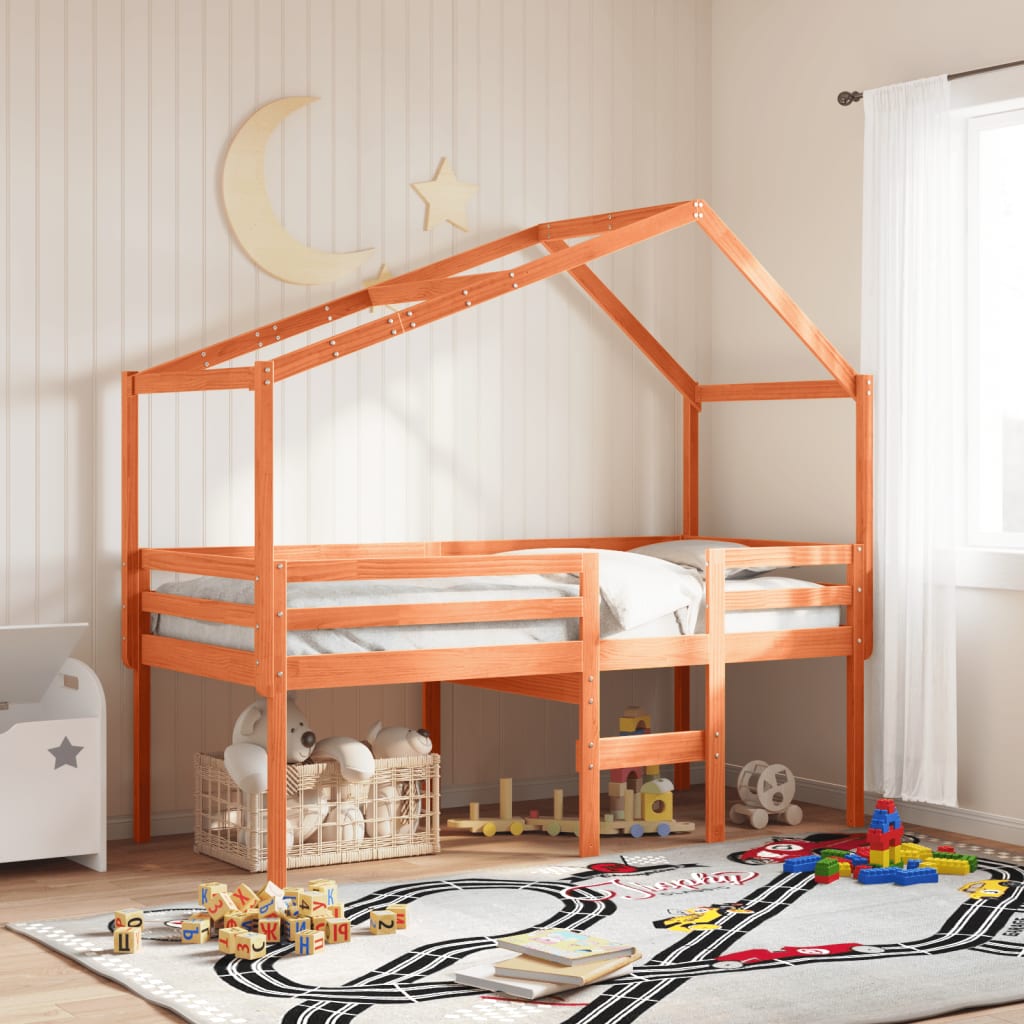 Κρεβάτι Υπερυψωμένο με Οροφή Καφέ 75x190 εκ. Μασίφ Ξύλο Πεύκου