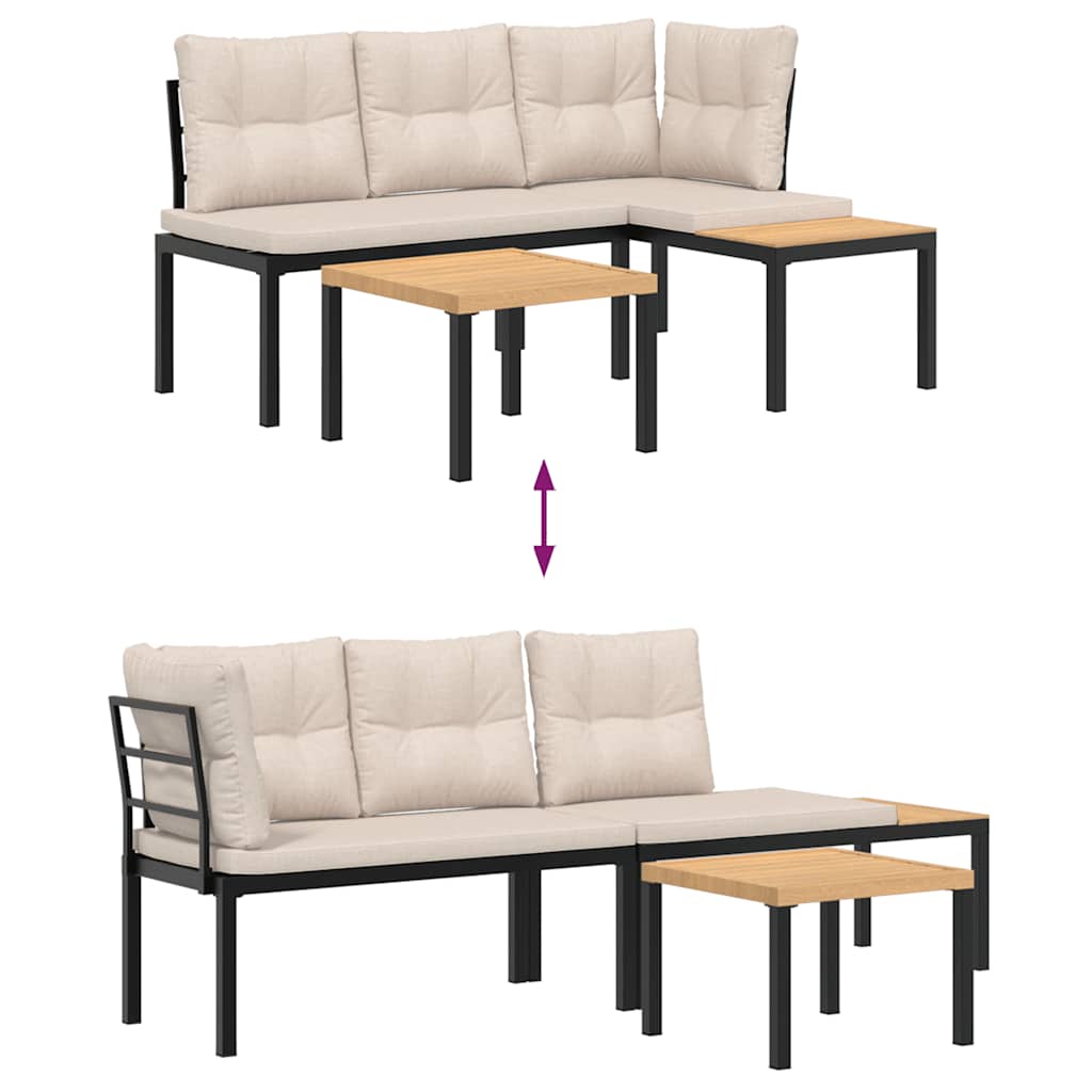 Παγκάκια Κήπου Σετ 3 τεμ Μαύρα Ατσάλι Ηλεκτρ. Βαφή με Μαξιλάρια