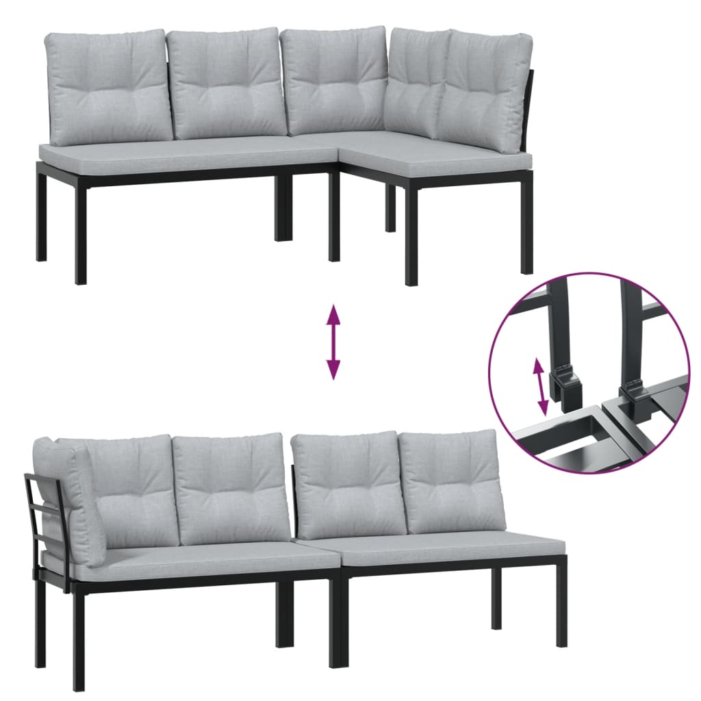 Παγκάκια Κήπου Σετ 3 τεμ Μαύρα Ατσάλι Ηλεκτρ. Βαφή με Μαξιλάρια - Pakobazaar