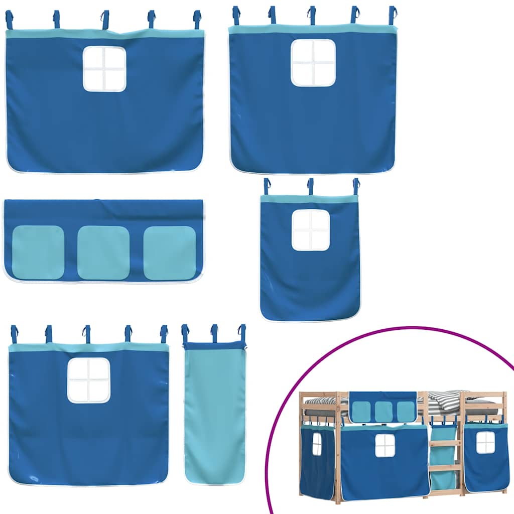 Κουκέτα με Κουρτίνες Μπλε 90x200 εκ. Μασίφ Ξύλο Πεύκου