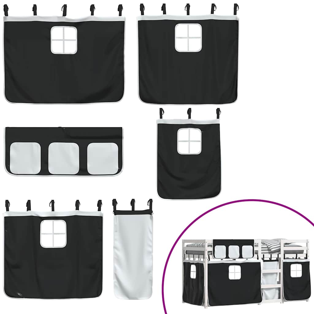 Κουκέτα με Κουρτίνες Λευκό/Μαύρο 90x200 εκ. Μασίφ Ξύλο Πεύκου