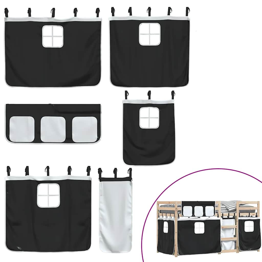 Κουκέτα με Κουρτίνες Λευκό/Μαύρο 80x200 εκ. Μασίφ Ξύλο Πεύκου