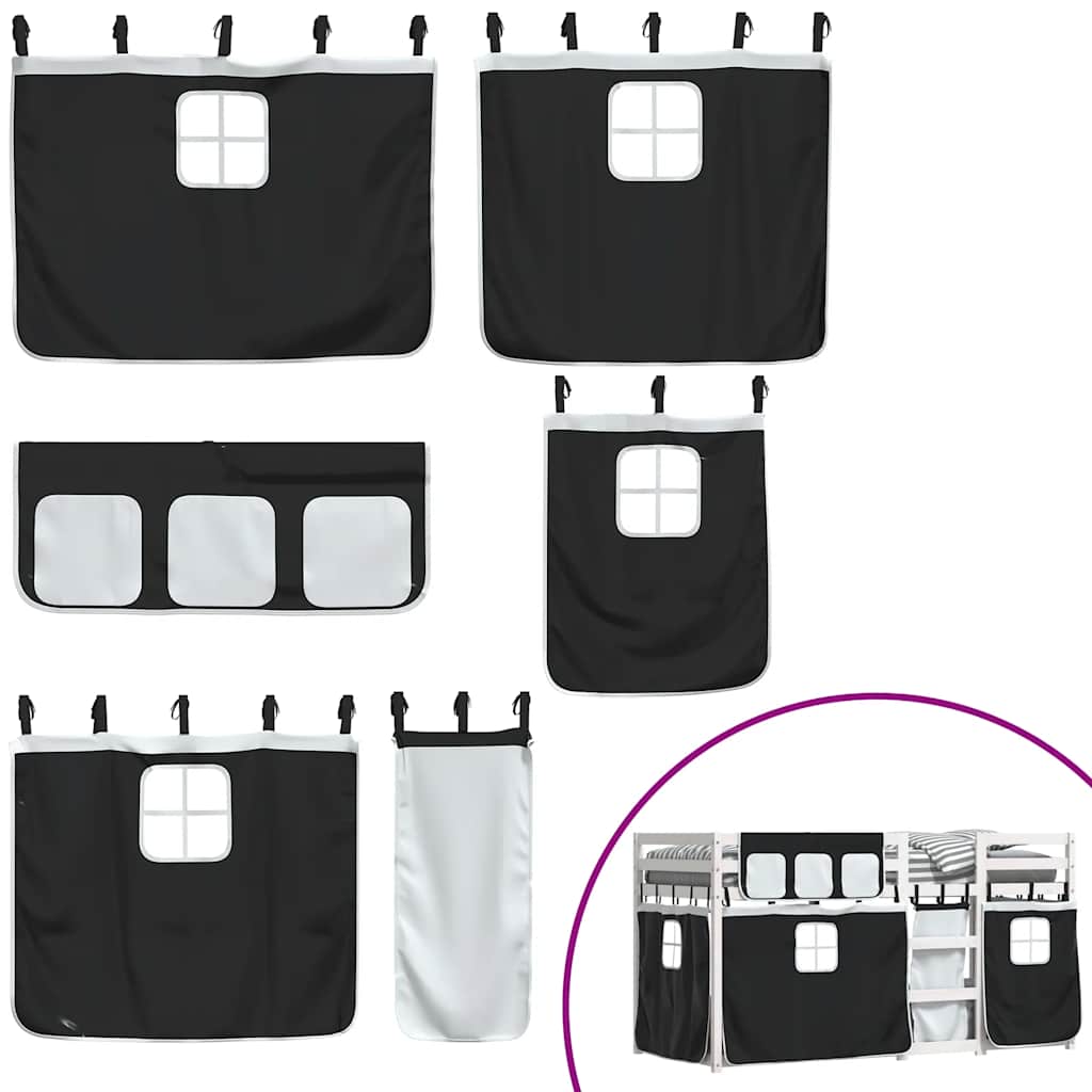 Κουκέτα με Κουρτίνες Λευκό/Μαύρο 90x190 εκ. Μασίφ Ξύλο Πεύκου - Pakobazaar