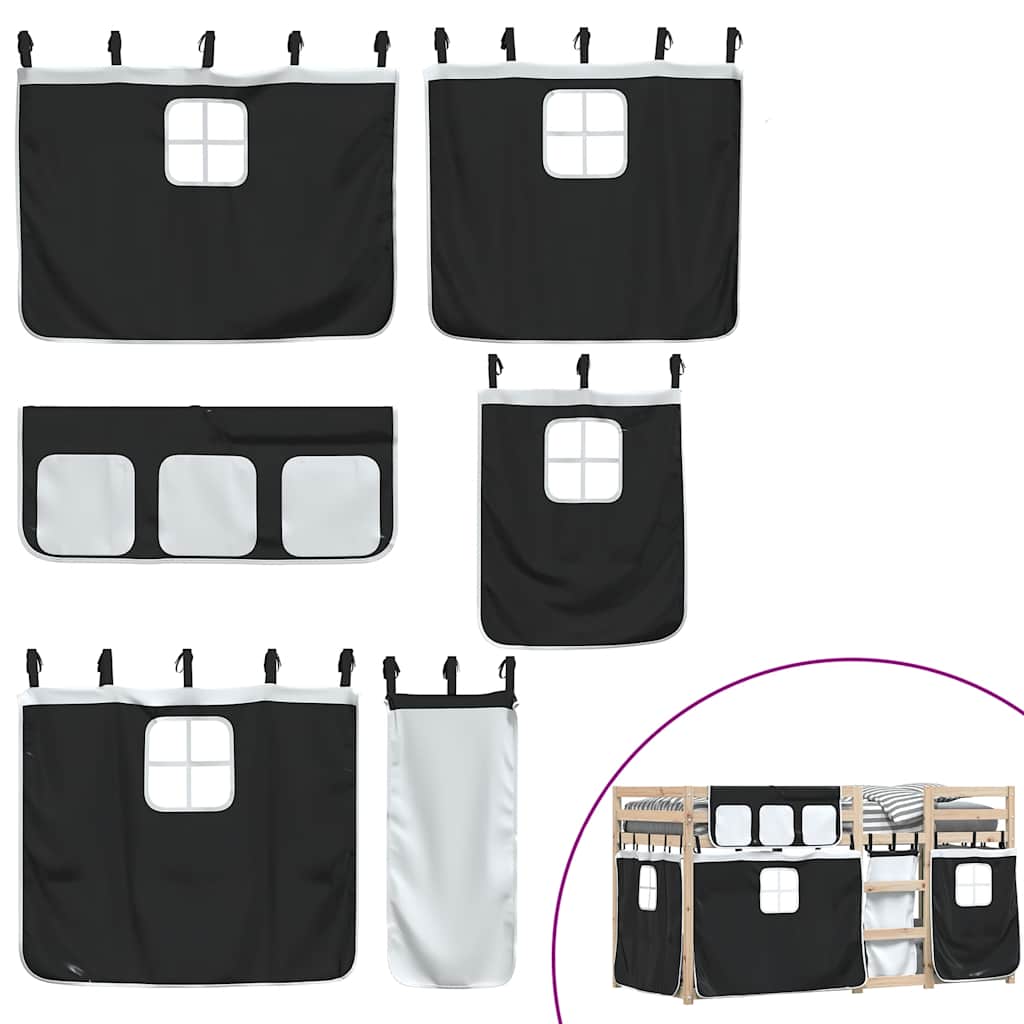 Κουκέτα με Κουρτίνες Λευκό/Μαύρο 75x190 εκ. Μασίφ Ξύλο Πεύκου - Pakobazaar