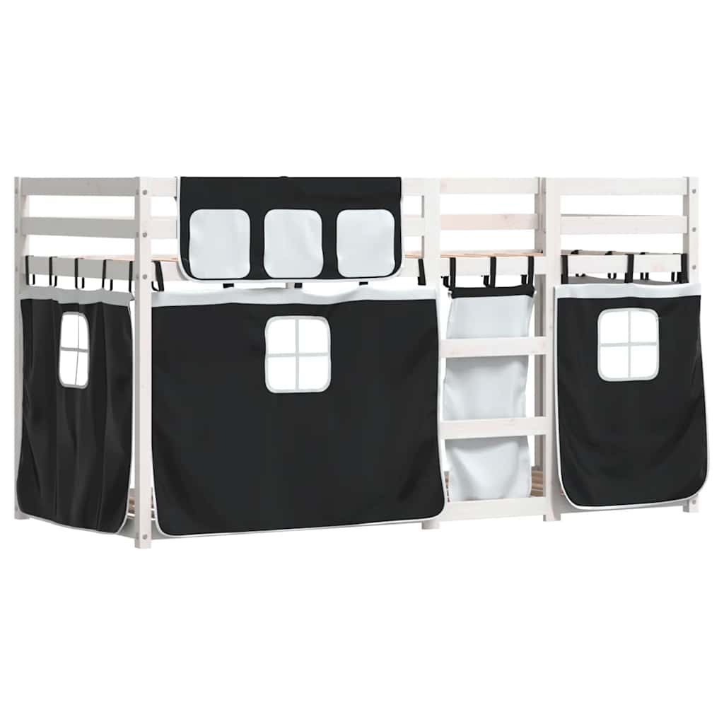 Κουκέτα με Κουρτίνες Λευκό/Μαύρο 75x190 εκ. Μασίφ Ξύλο Πεύκου - Pakobazaar