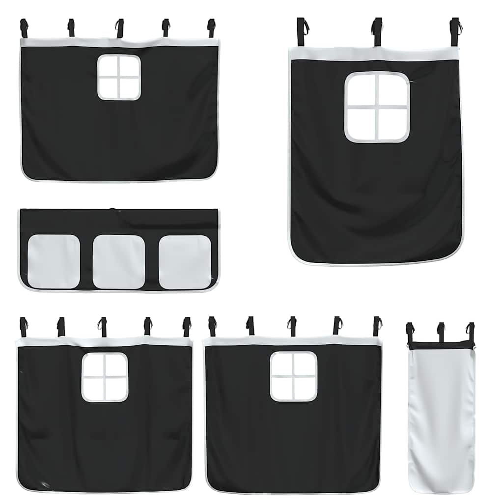 Κουκέτα με Κουρτίνες Λευκό/Μαύρο 90x190 εκ. Μασίφ Ξύλο Πεύκου