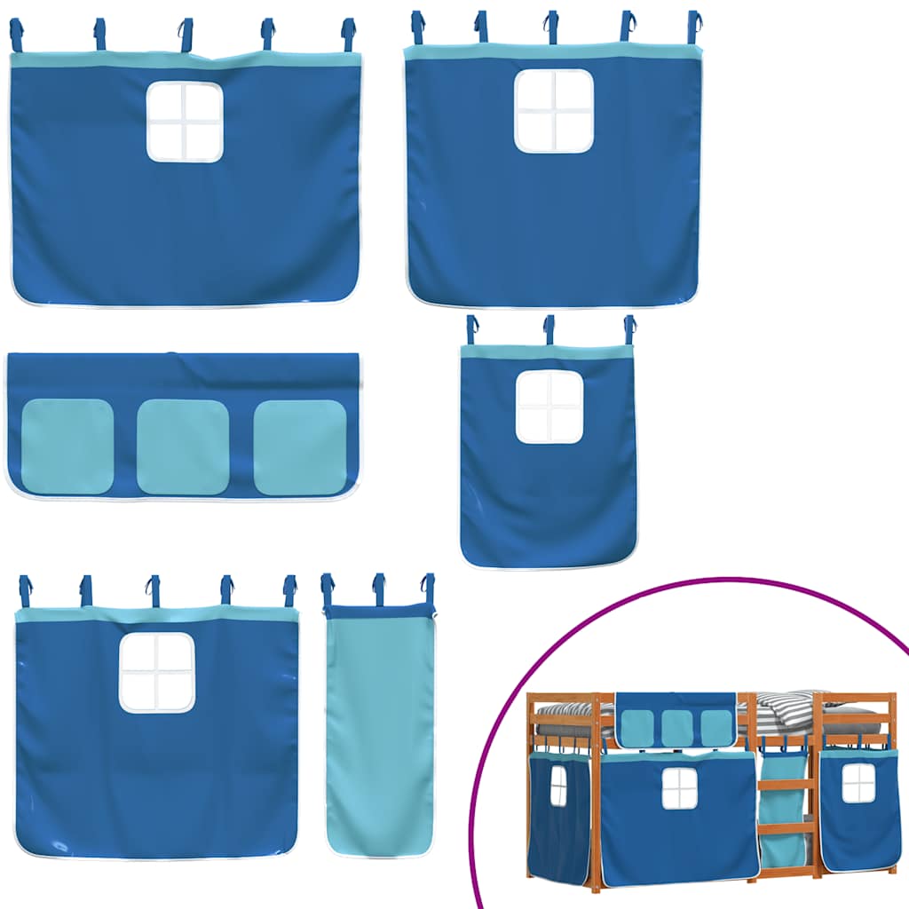 Κουκέτα με Κουρτίνες Μπλε 90x200 εκ. Μασίφ Ξύλο Πεύκου