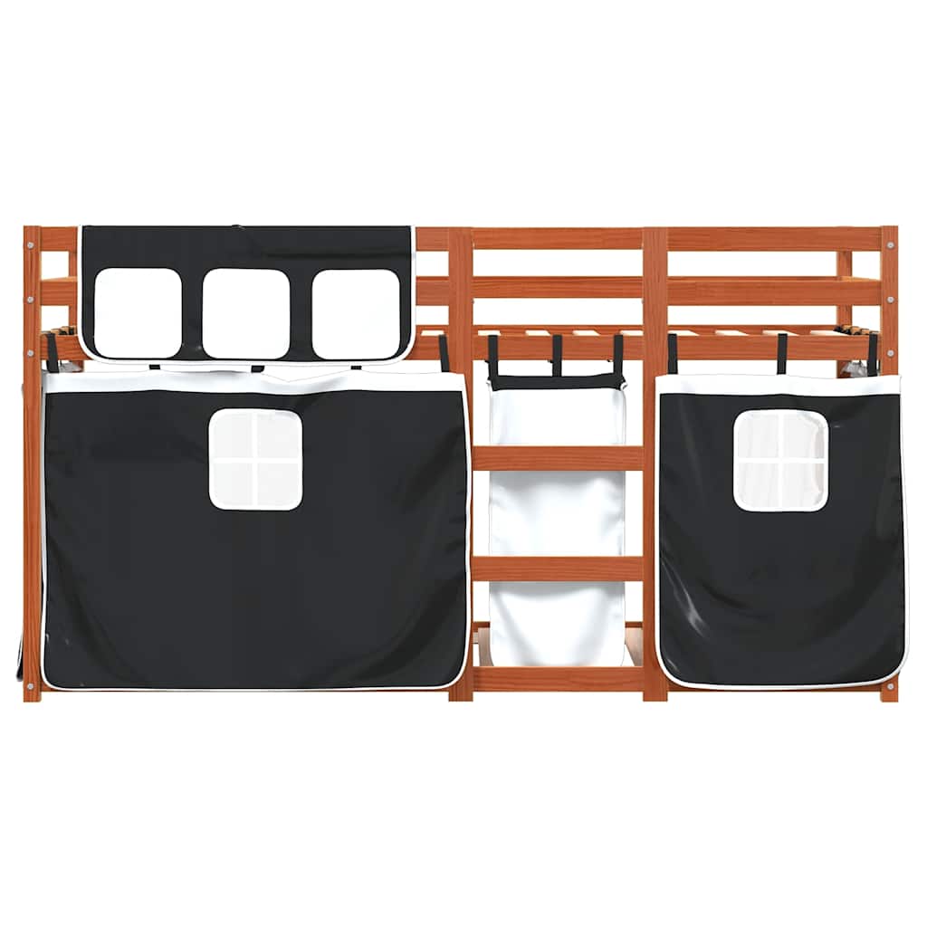 Κουκέτα με Κουρτίνες Λευκό/Μαύρο 90x190 εκ. Μασίφ Ξύλο Πεύκου