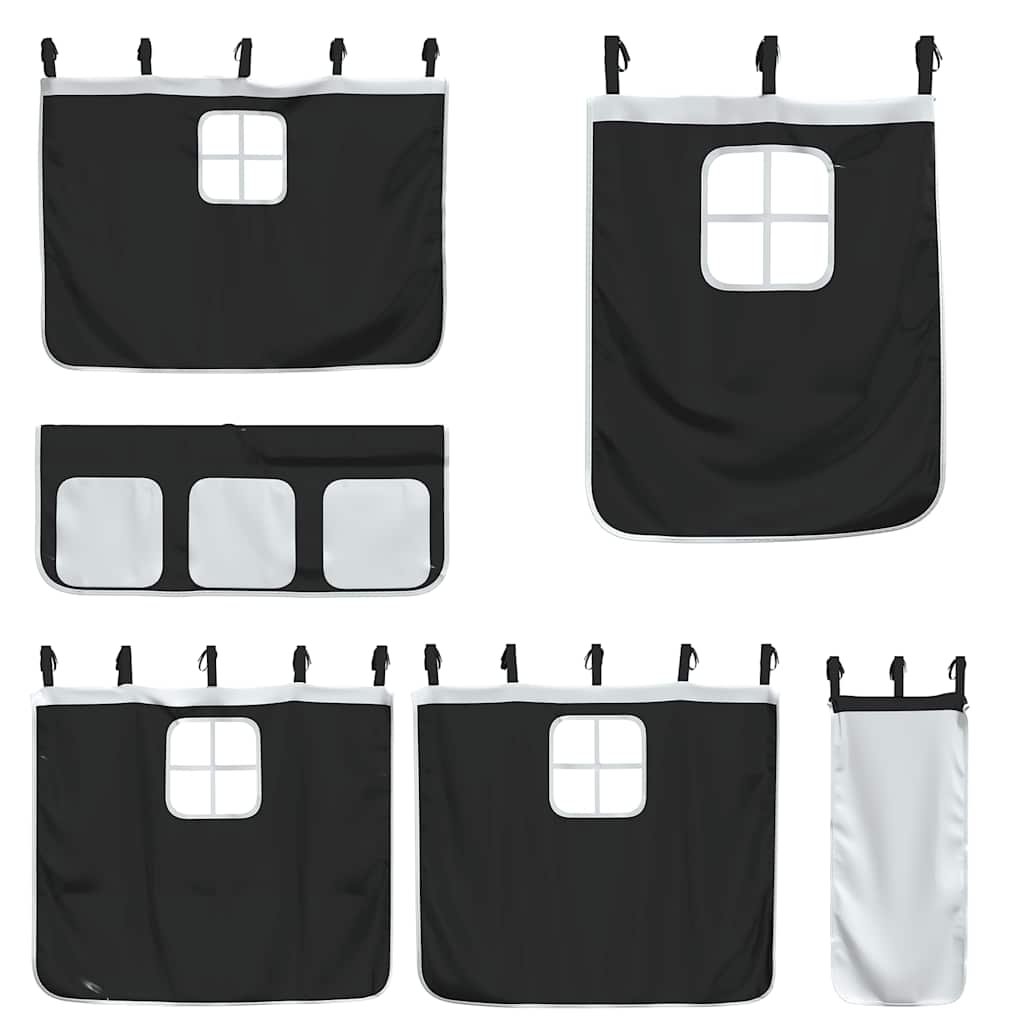 Κουκέτα με Κουρτίνες Λευκό/Μαύρο 90x190 εκ. Μασίφ Ξύλο Πεύκου