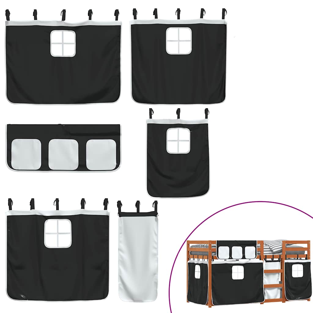 Κουκέτα με Κουρτίνες Λευκό/Μαύρο 90x190 εκ. Μασίφ Ξύλο Πεύκου