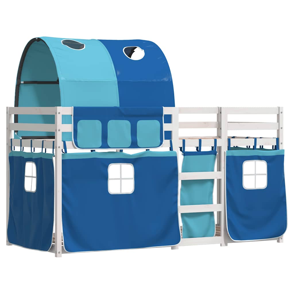 Κουκέτα με Κουρτίνες Μπλε 90x200 εκ. Μασίφ Ξύλο Πεύκου