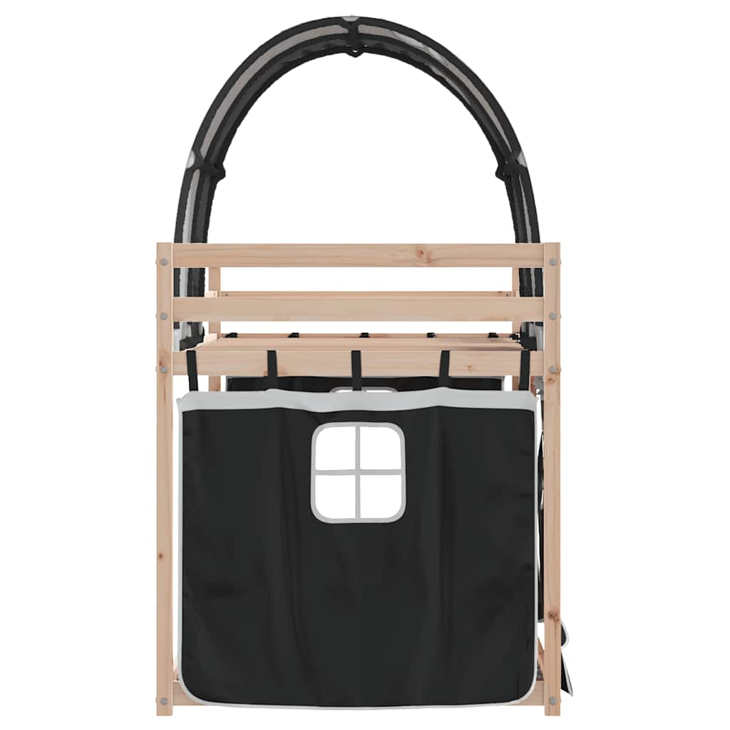 Κουκέτα με Κουρτίνες Λευκό/Μαύρο 80x200 εκ. Μασίφ Ξύλο Πεύκου