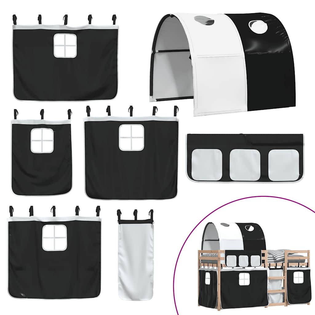 Κουκέτα με Κουρτίνες Λευκό/Μαύρο 80x200 εκ. Μασίφ Ξύλο Πεύκου