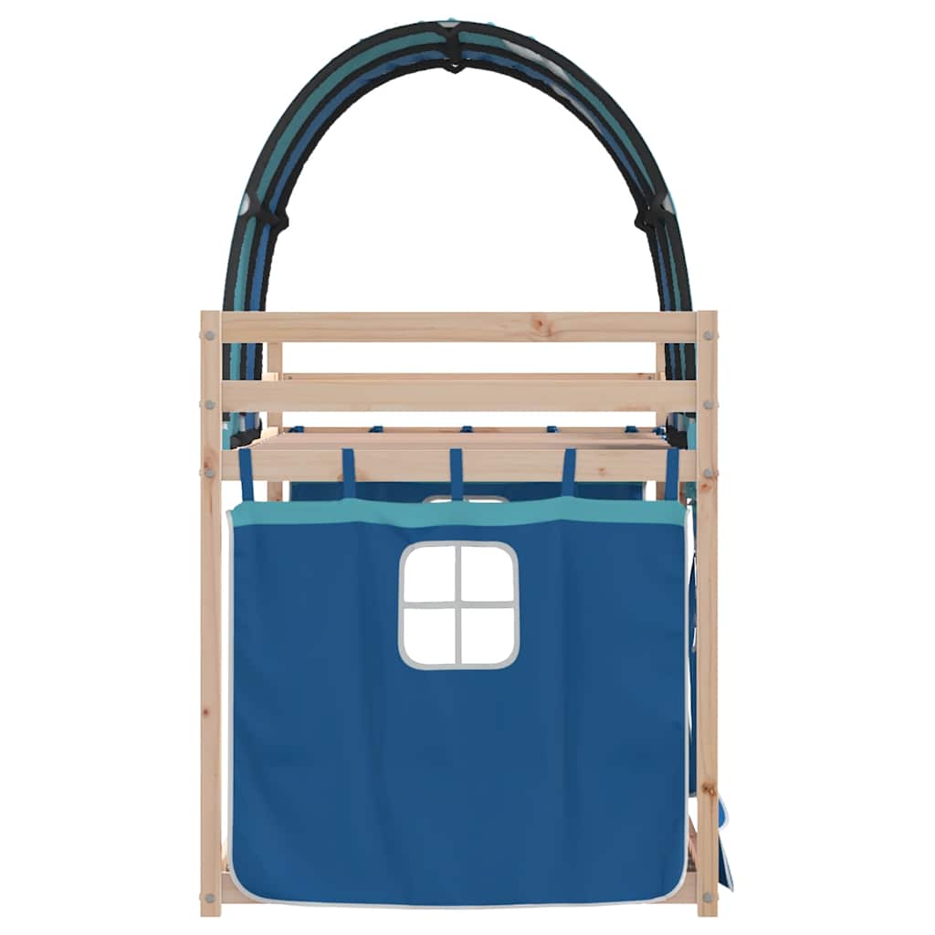 Κουκέτα με Κουρτίνες Μπλε 90x190 εκ. Μασίφ Ξύλο Πεύκου