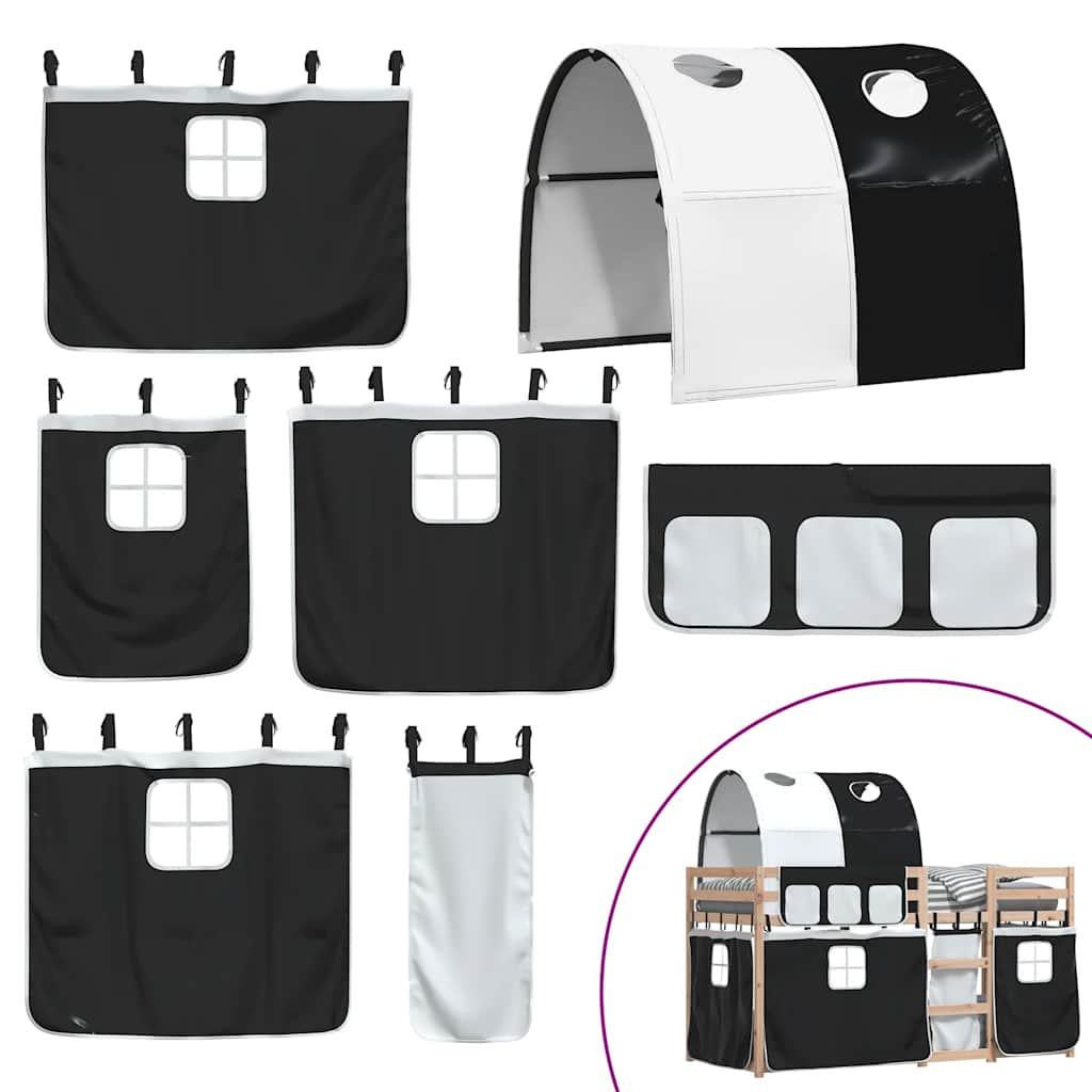 Κουκέτα με Κουρτίνες Λευκό/Μαύρο 75x190 εκ. Μασίφ Ξύλο Πεύκου - Pakobazaar