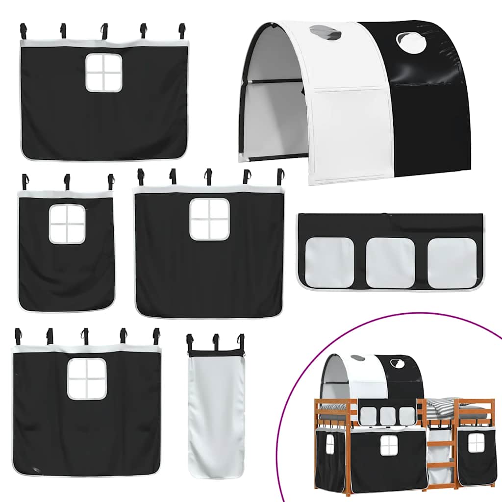 Κουκέτα με Κουρτίνες Λευκό/Μαύρο 80x200 εκ. Μασίφ Ξύλο Πεύκου