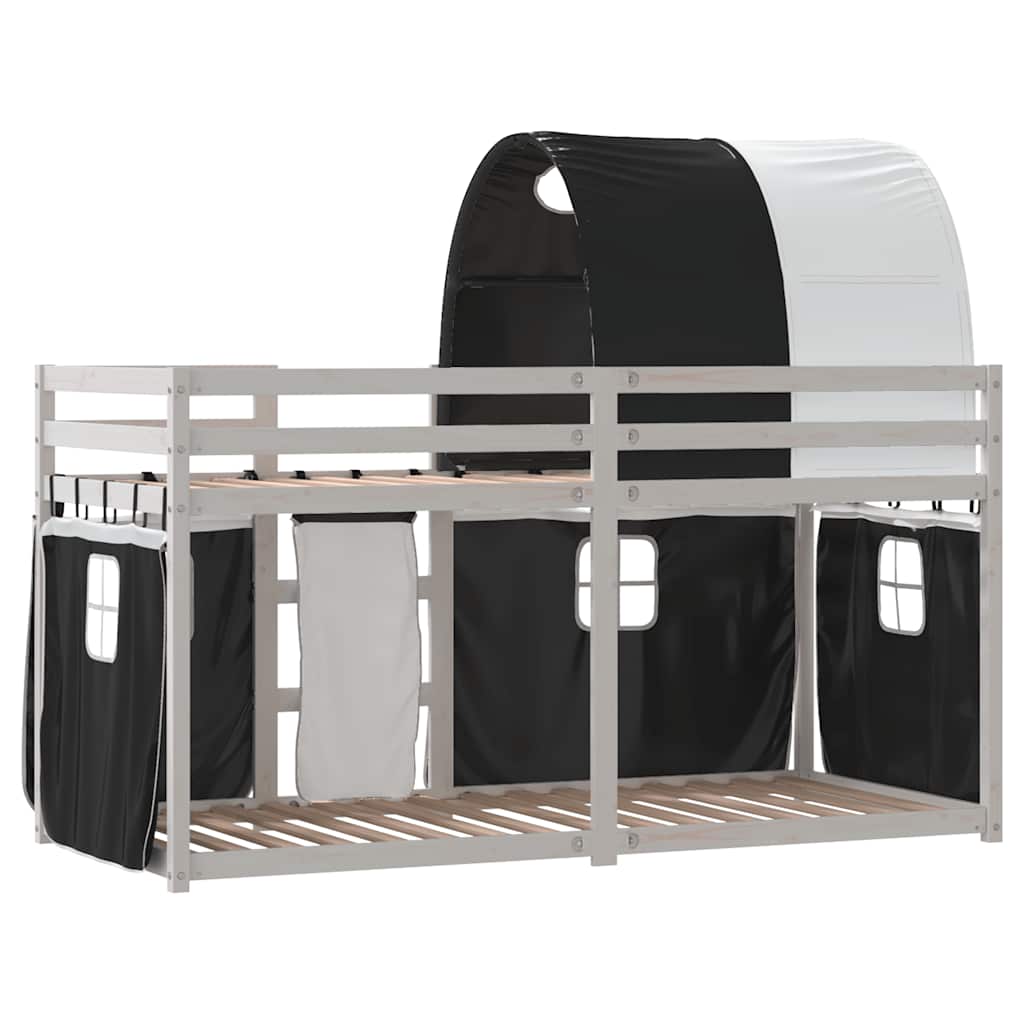 Κουκέτα με Κουρτίνες Λευκό/Μαύρο 90x190 εκ. Μασίφ Ξύλο Πεύκου - Pakobazaar