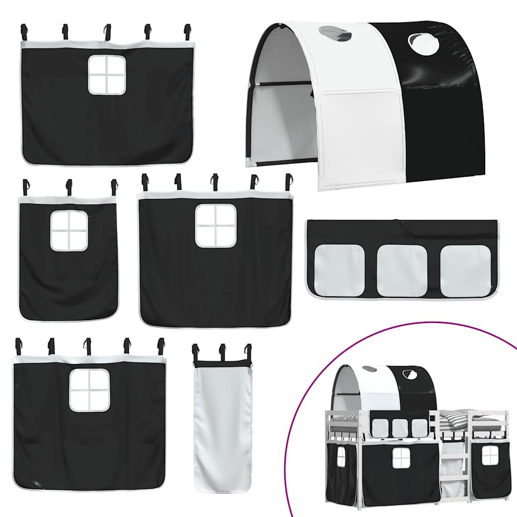 Κουκέτα με Κουρτίνες Λευκό/Μαύρο 90x190 εκ. Μασίφ Ξύλο Πεύκου - Pakobazaar