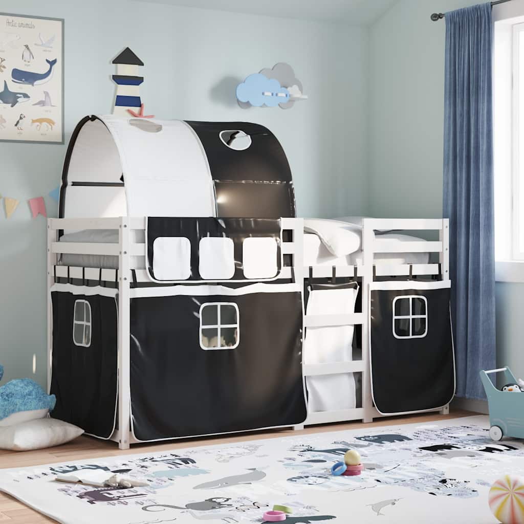 Κουκέτα με Κουρτίνες Λευκό/Μαύρο 90x190 εκ. Μασίφ Ξύλο Πεύκου - Pakobazaar