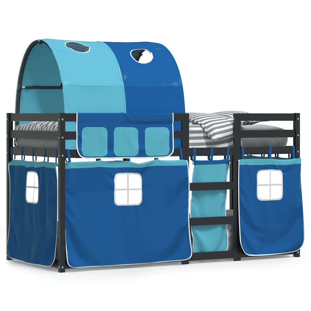 Κουκέτα με Κουρτίνες Μπλε 90x190 εκ. Μασίφ Ξύλο Πεύκου