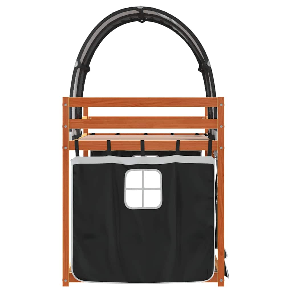 Κουκέτα με Κουρτίνες Λευκό/Μαύρο 90x200 εκ. Μασίφ Ξύλο Πεύκου