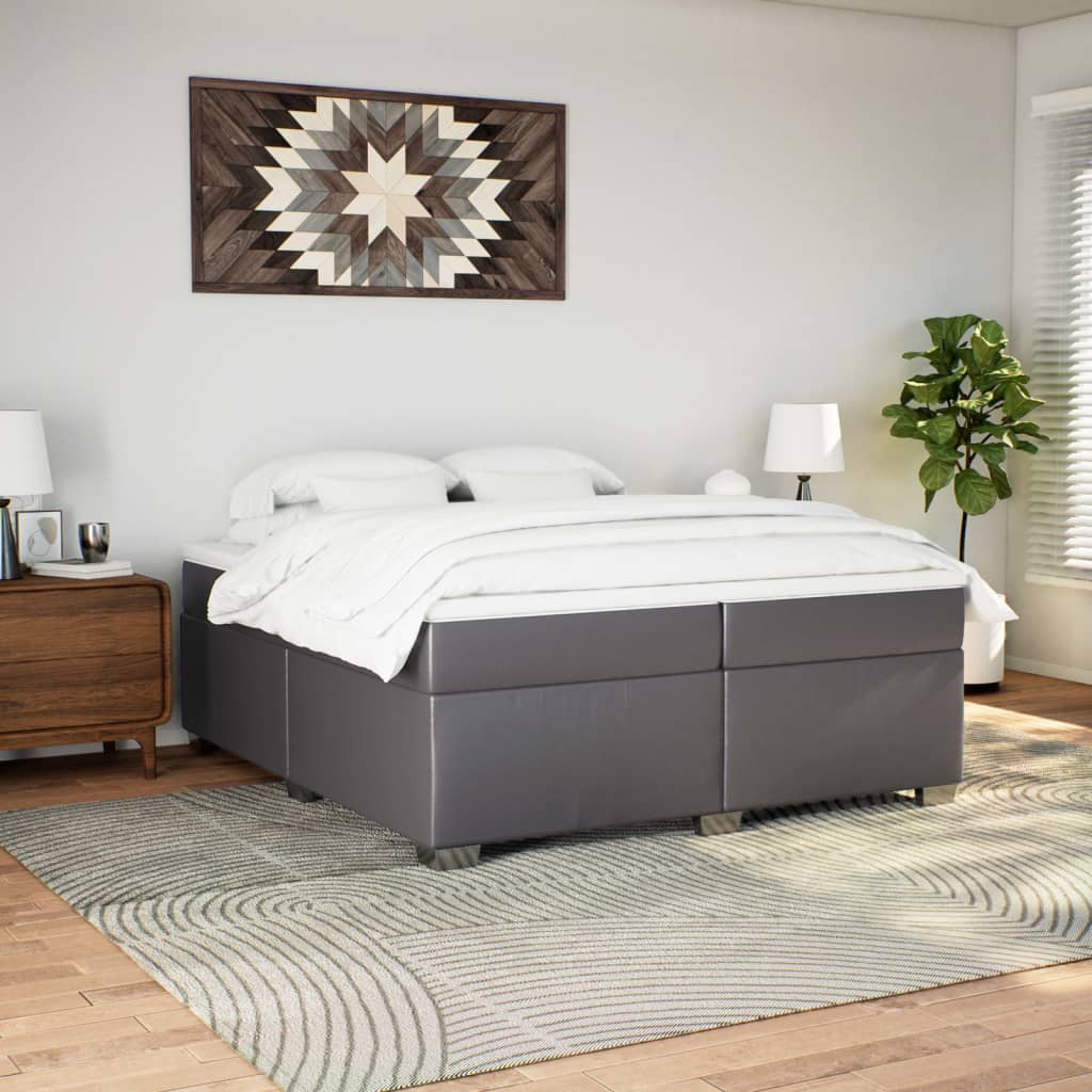 Κρεβάτι Boxspring με Στρώμα Γκρι 200x200 εκ. Συνθετικό Δέρμα - Pakobazaar