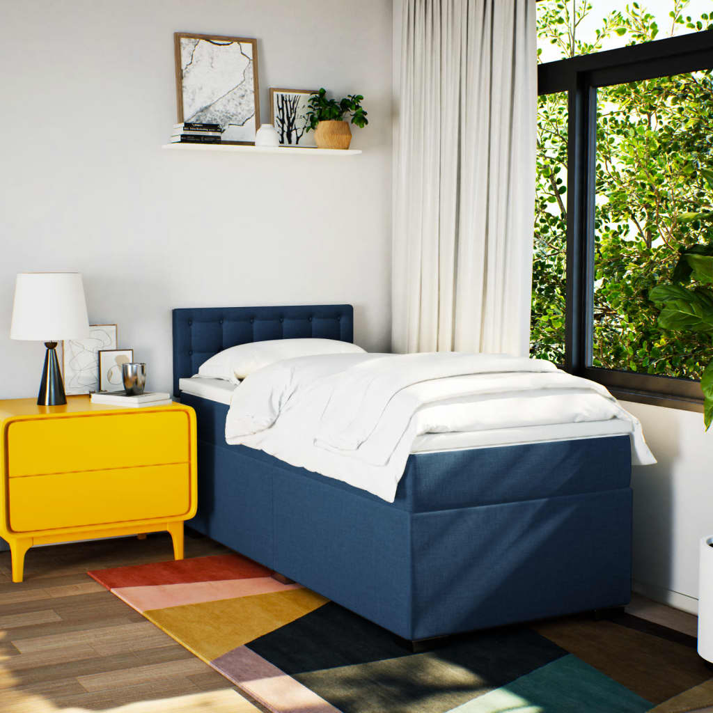 Κρεβάτι Boxspring με Στρώμα Μπλε 90x200 εκ.Υφασμάτινο
