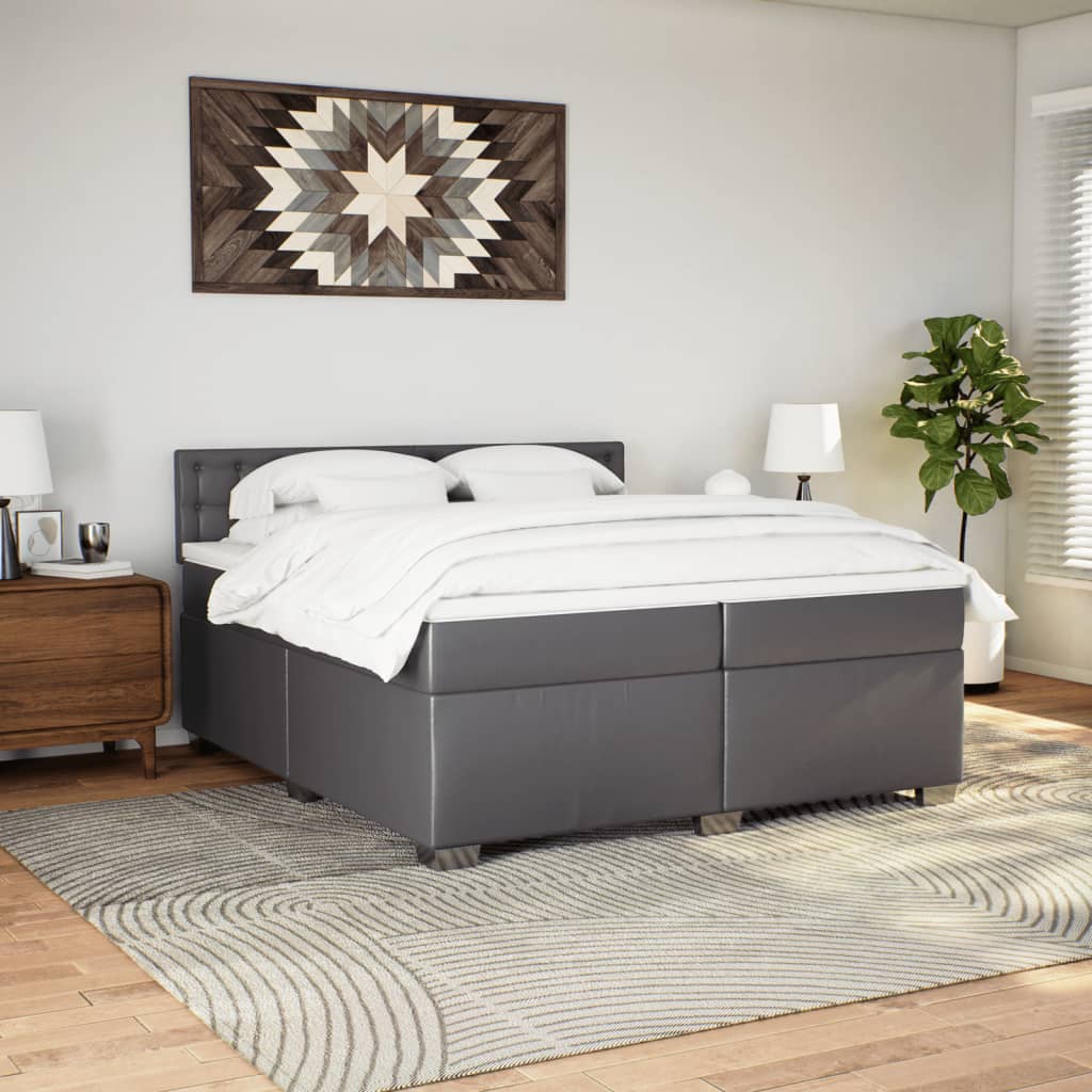 Κρεβάτι Boxspring με Στρώμα Γκρι 200x200 εκ. Συνθετικό Δέρμα - Pakobazaar