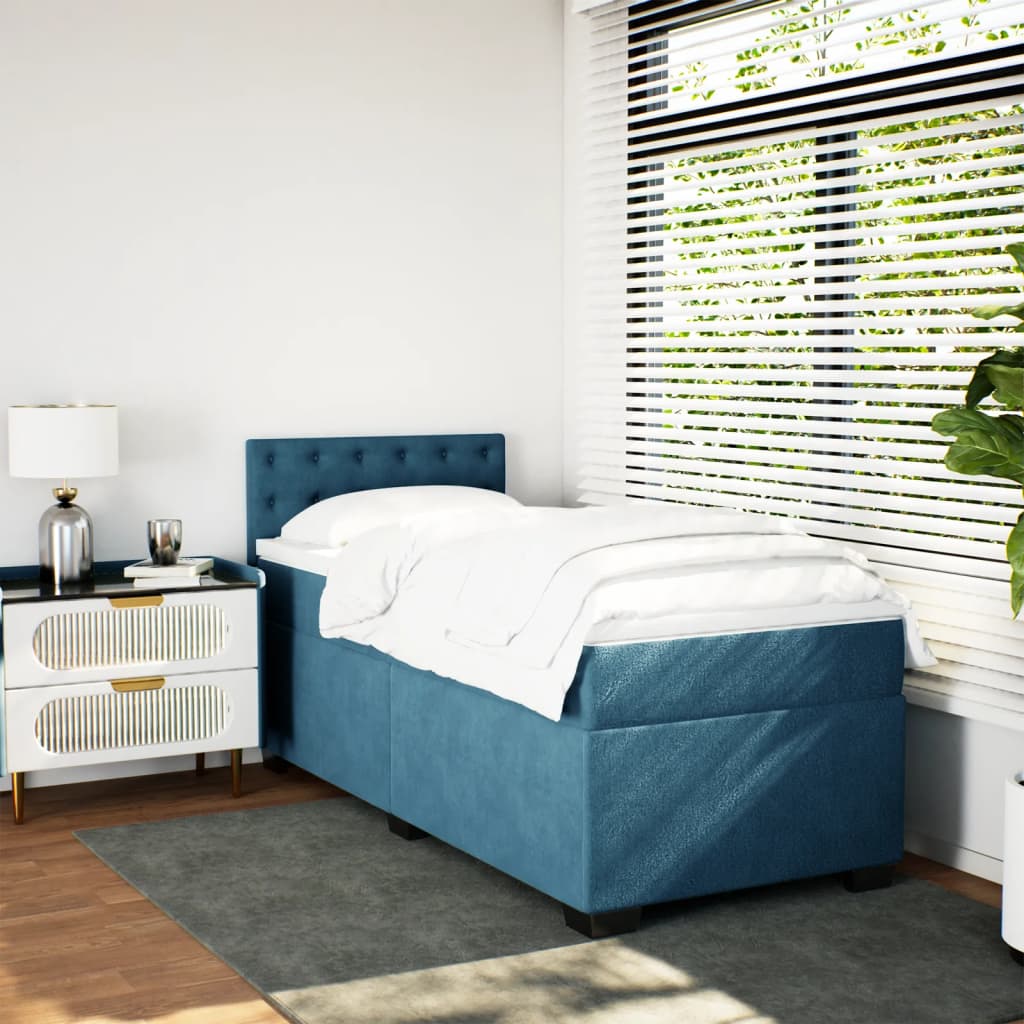 Κρεβάτι Boxspring με Στρώμα Σκούρο Μπλε 90x190 εκ. Βελούδινο