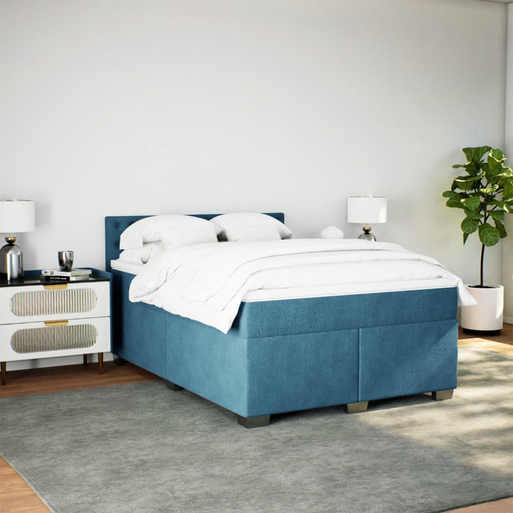 Κρεβάτι Boxspring με Στρώμα Σκούρο Μπλε 140x190 εκ. Βελούδινο
