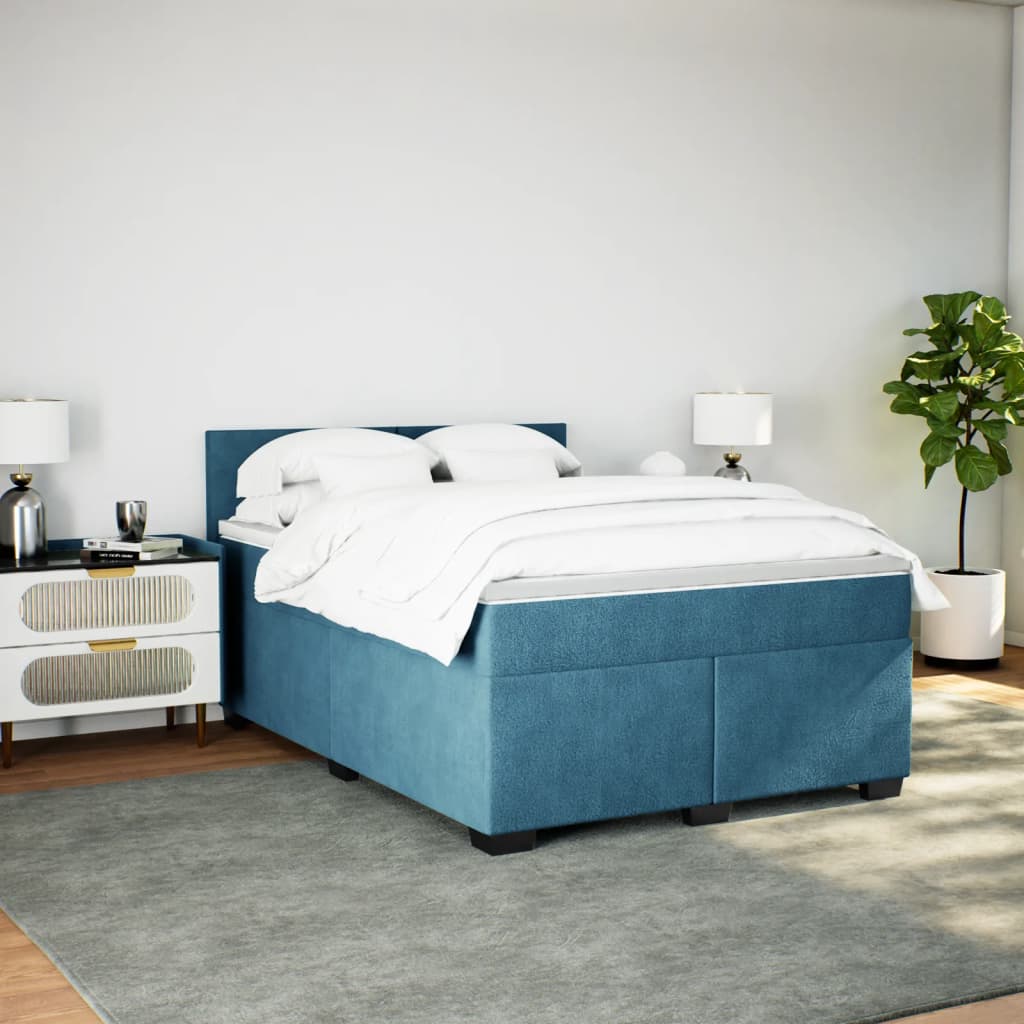 Κρεβάτι Boxspring με Στρώμα Σκούρο Μπλε 140x200 εκ. Βελούδινο - Pakobazaar