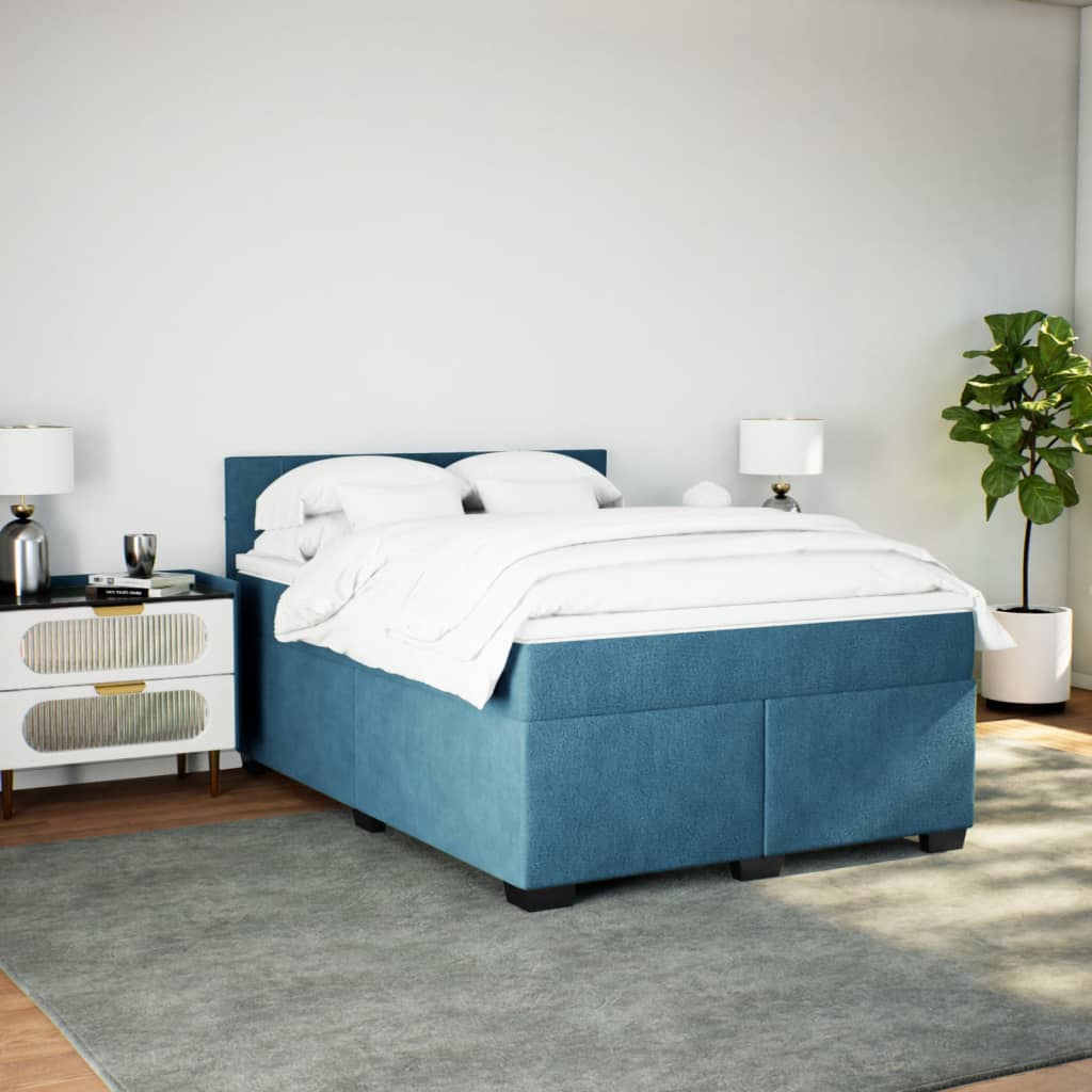 Κρεβάτι Boxspring με Στρώμα Σκούρο Μπλε 140x200 εκ. Βελούδινο - Pakobazaar