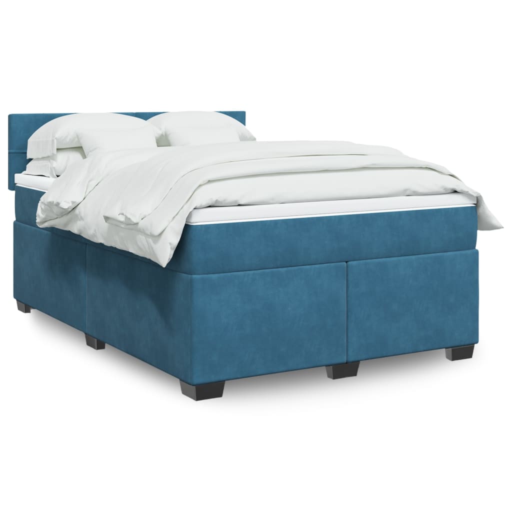 Κρεβάτι Boxspring με Στρώμα Σκούρο Μπλε 140x200 εκ. Βελούδινο - Pakobazaar