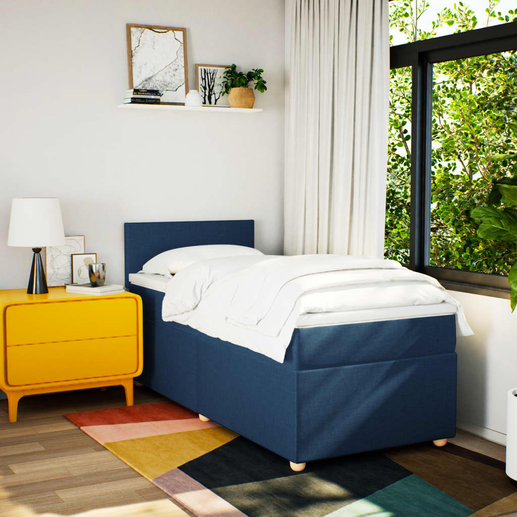 Κρεβάτι Boxspring με Στρώμα Μπλε 90x190 εκ.Υφασμάτινο