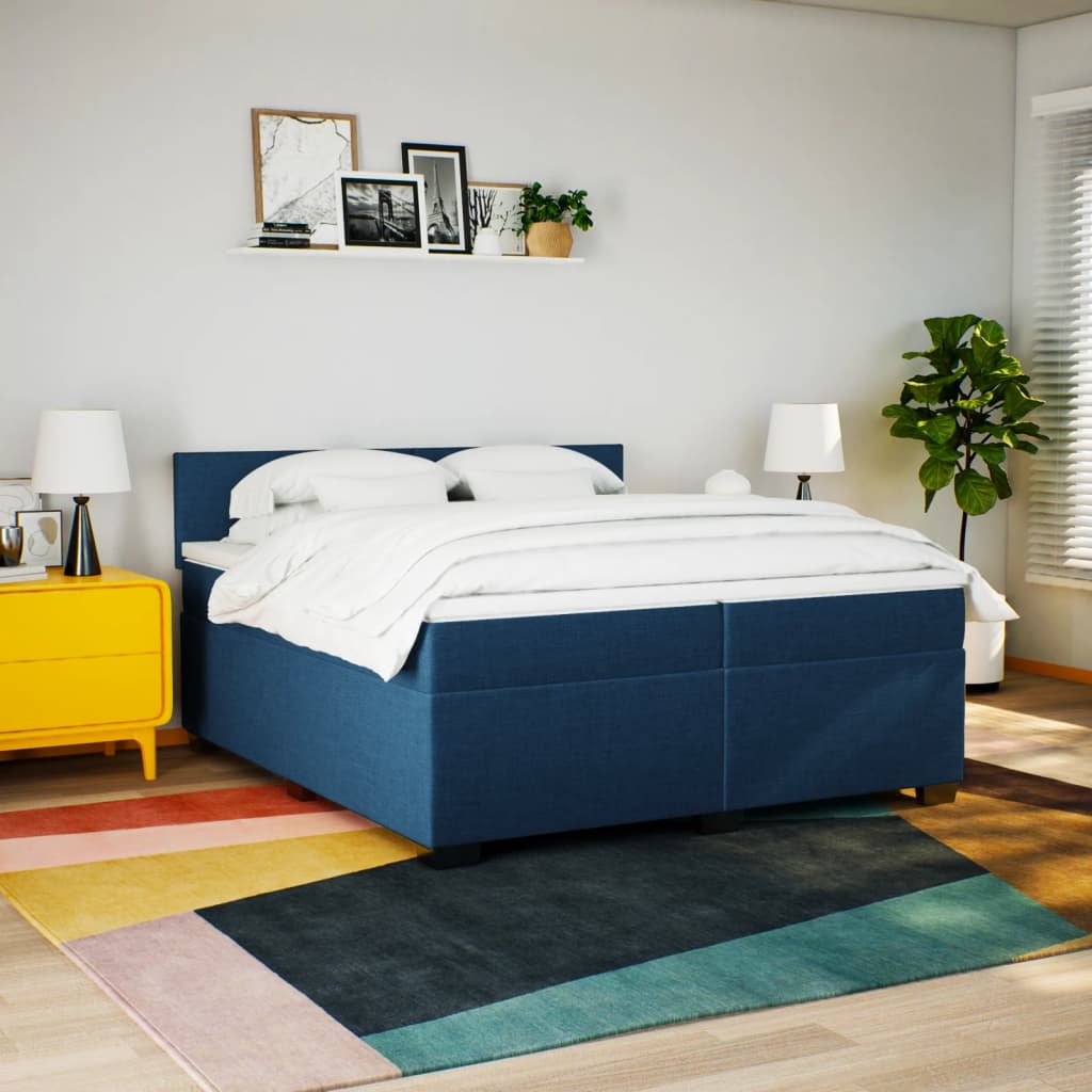 Κρεβάτι Boxspring με Στρώμα Μπλε 200x200 εκ. Υφασμάτινο - Pakobazaar