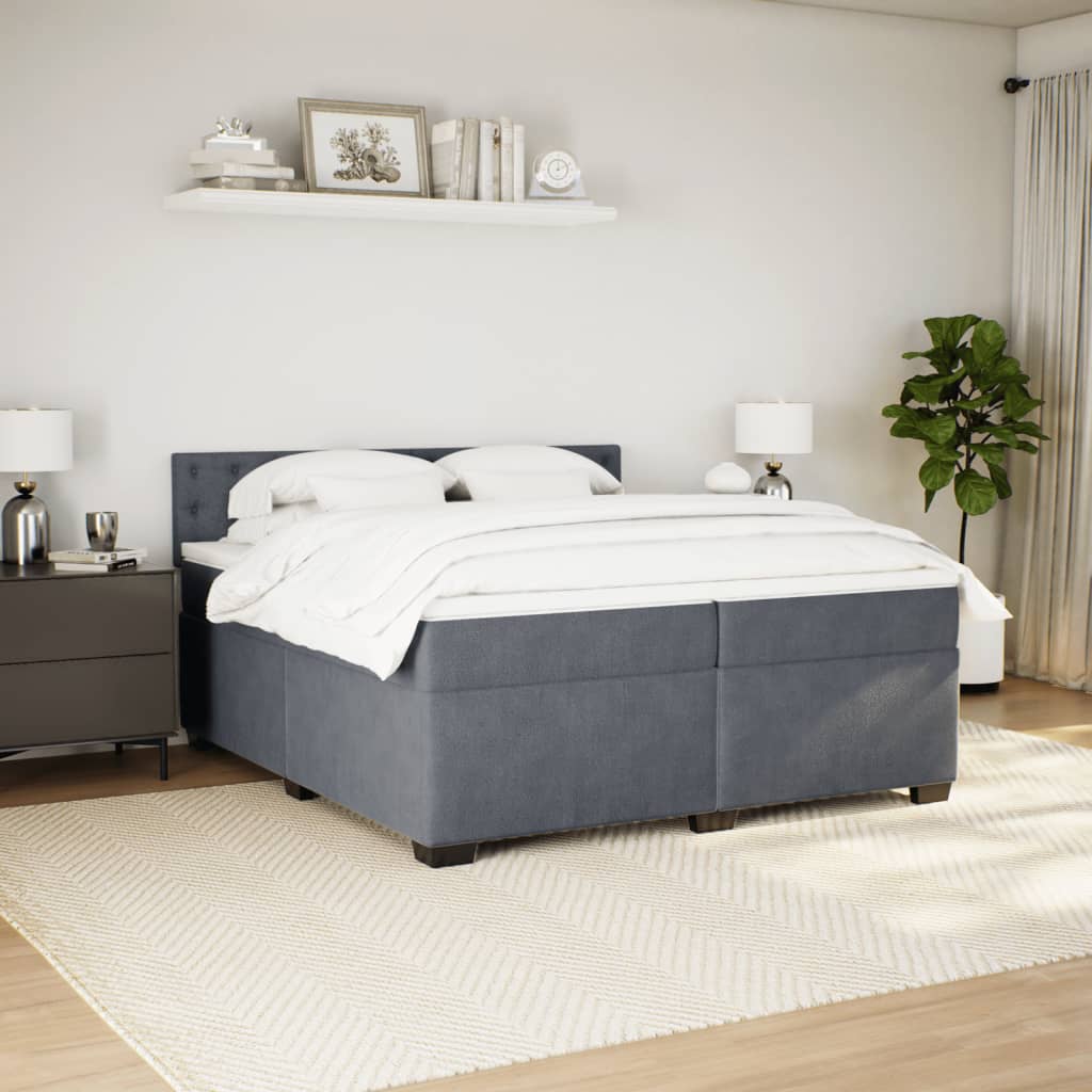 Κρεβάτι Boxspring με Στρώμα Σκούρο Γκρι 200x200 εκ. Βελούδινο - Pakobazaar