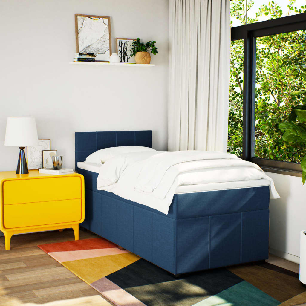Κρεβάτι Boxspring με Στρώμα Μπλε 90x190 εκ.Υφασμάτινο