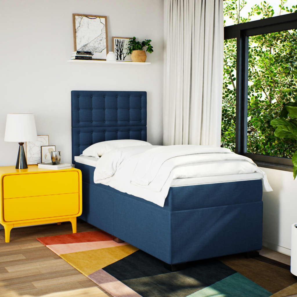 Κρεβάτι Boxspring με Στρώμα Μπλε 90x200 εκ.Υφασμάτινο