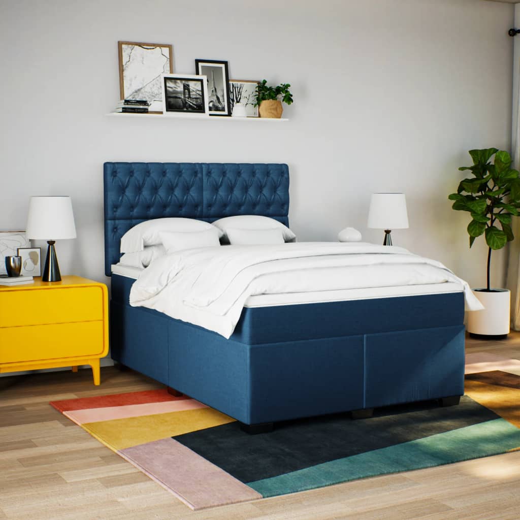 Κρεβάτι Boxspring με Στρώμα Μπλε 140x190 εκ. Υφασμάτινο