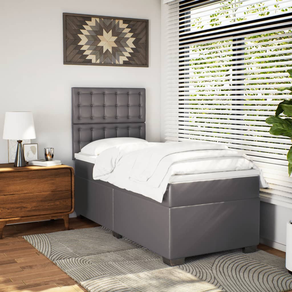 Κρεβάτι Boxspring με Στρώμα Γκρι 90x190 εκ. από Συνθετικό Δέρμα