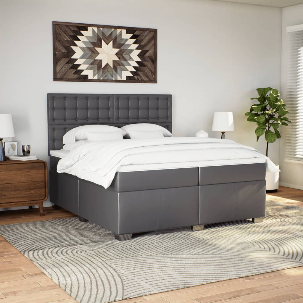 Κρεβάτι Boxspring με Στρώμα Γκρι 200x200 εκ. Συνθετικό Δέρμα - Pakobazaar