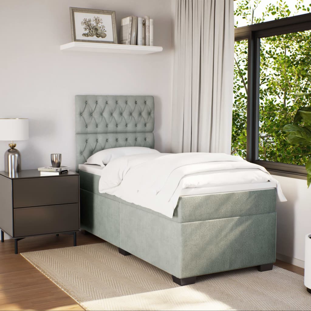 Κρεβάτι Boxspring με Στρώμα Ανοιχτό Γκρι 90x190 εκ. Βελούδινο - Pakobazaar
